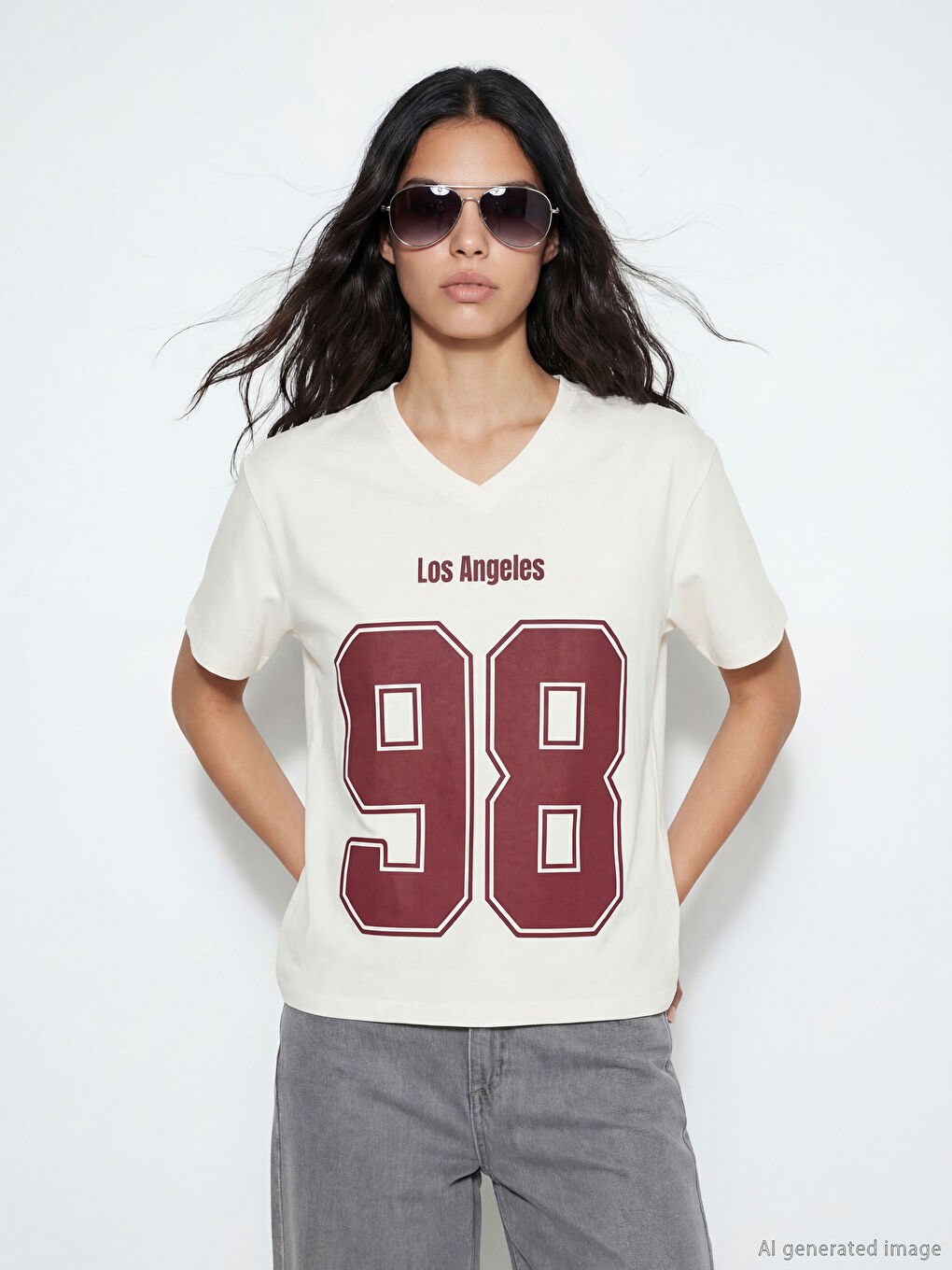 Tricou Oversize cu Imprimeu Los Angeles cu Decolteu în V pentru Femei