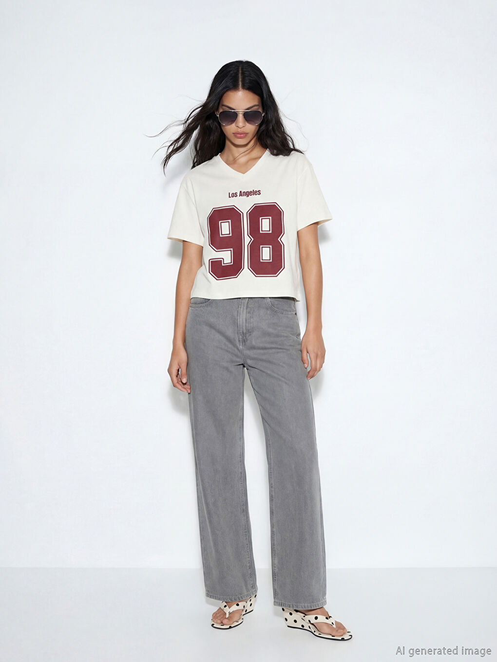 Tricou Oversize cu Imprimeu Los Angeles cu Decolteu în V pentru Femei-1