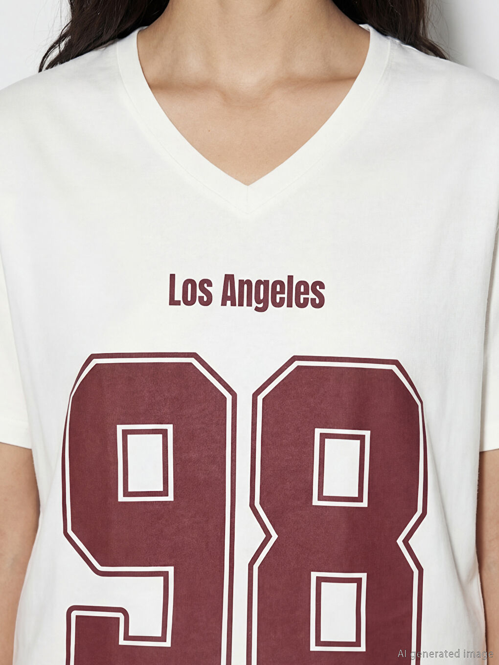 Tricou Oversize cu Imprimeu Los Angeles cu Decolteu în V pentru Femei-2