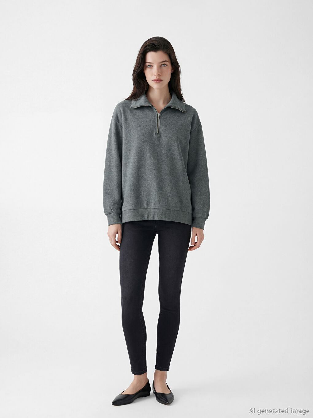 Antrasit Polo Yaka Kadın Sweatshirt	-1