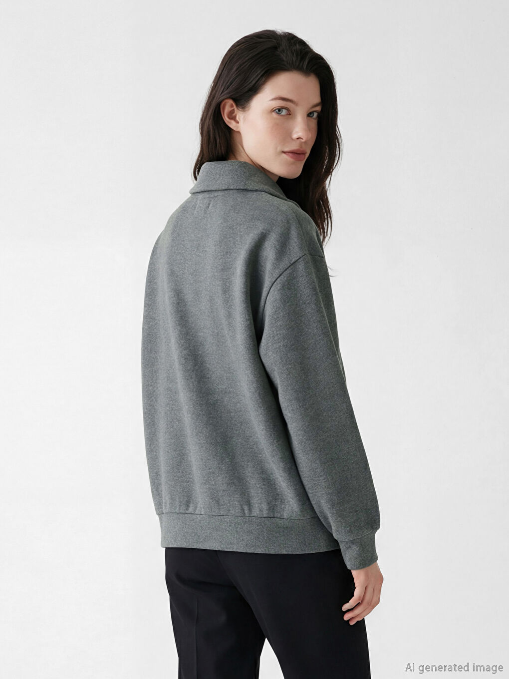 Antrasit Polo Yaka Kadın Sweatshirt	-2