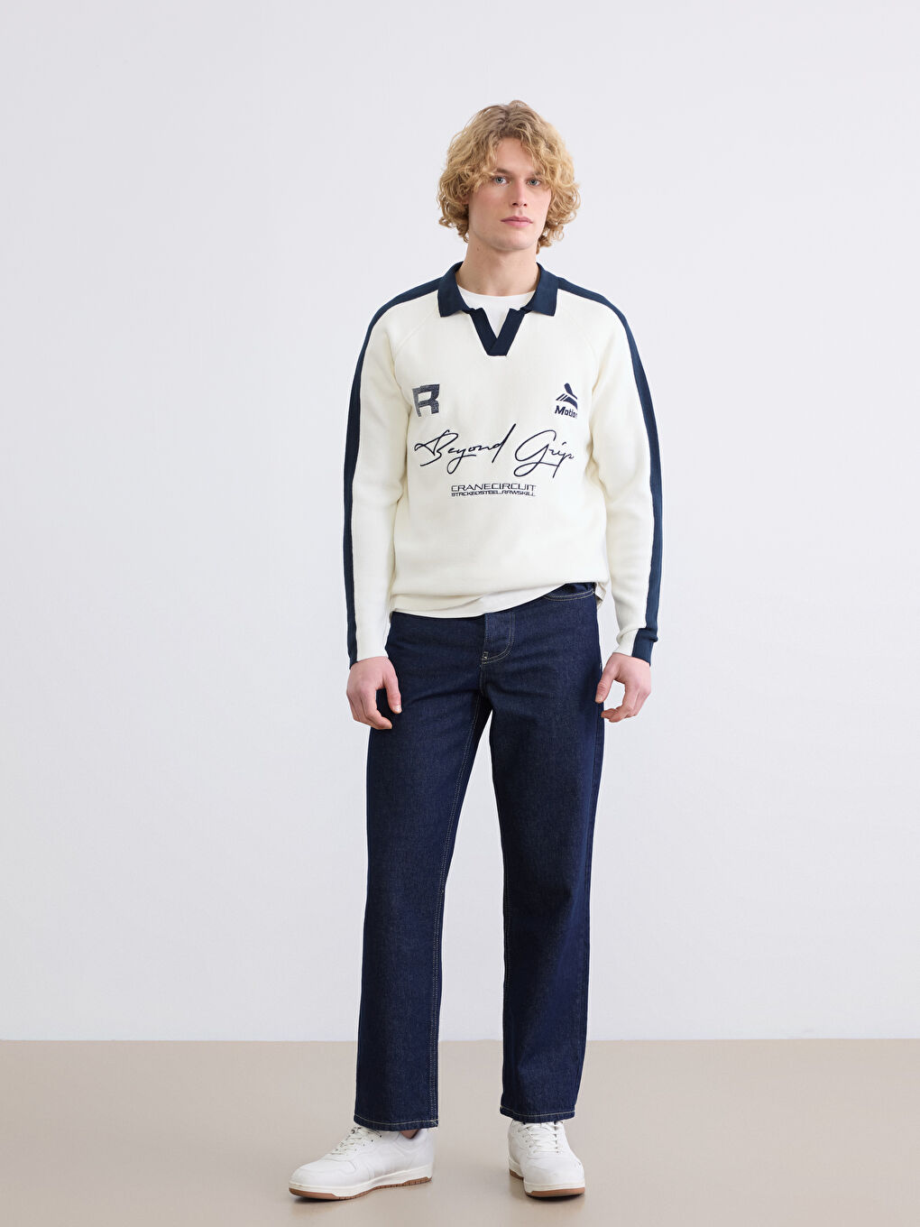 Ekru Polo Yaka Baskılı Erkek Triko Kazak-1