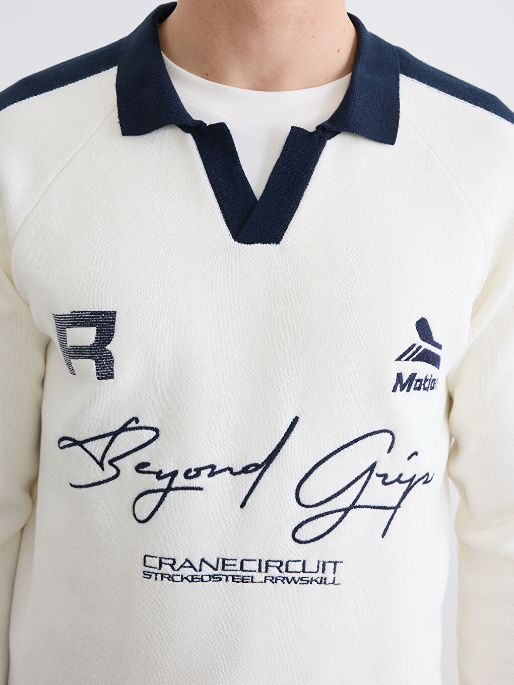 Ekru Polo Yaka Baskılı Erkek Triko Kazak-2