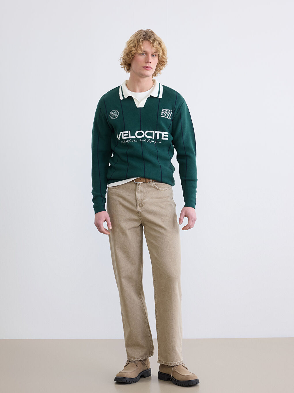 Yeşil Polo Yaka Çizgili Nakışlı Erkek Triko Kazak-1