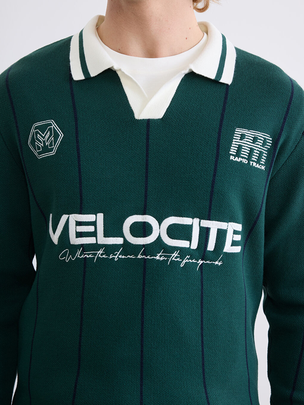 Yeşil Polo Yaka Çizgili Nakışlı Erkek Triko Kazak-2