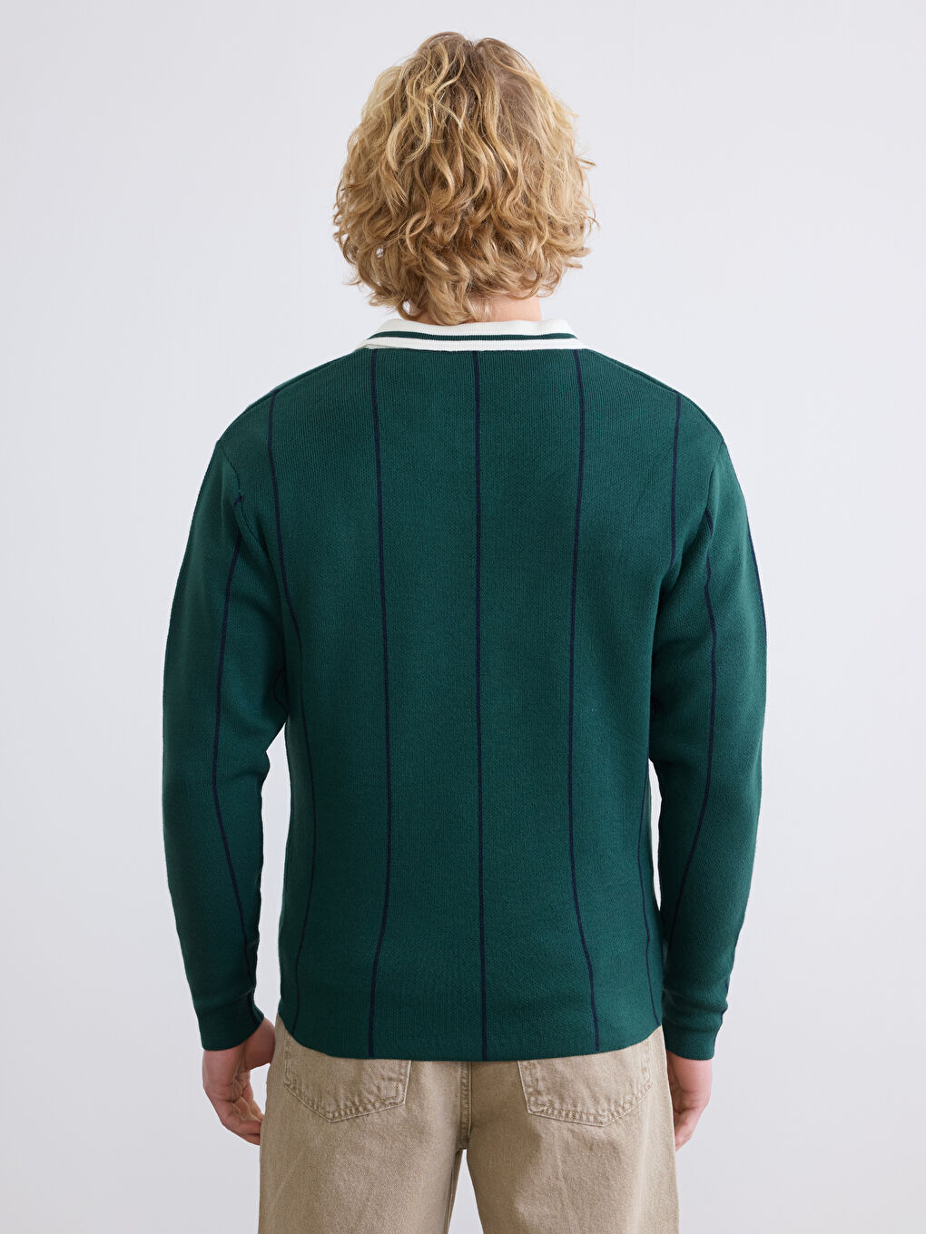 Yeşil Polo Yaka Çizgili Nakışlı Erkek Triko Kazak-3