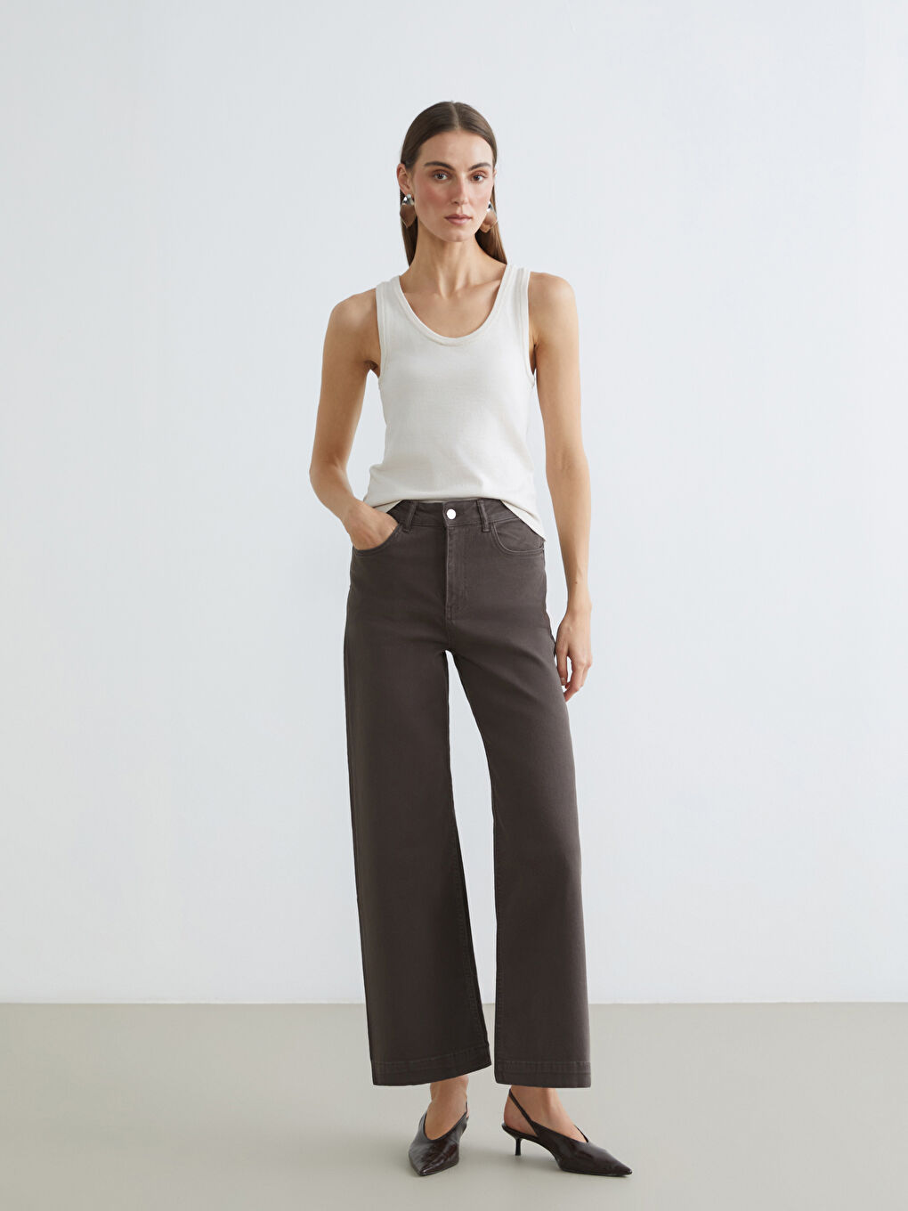 Kahverengi Wideleg Kadın Jean Pantolon