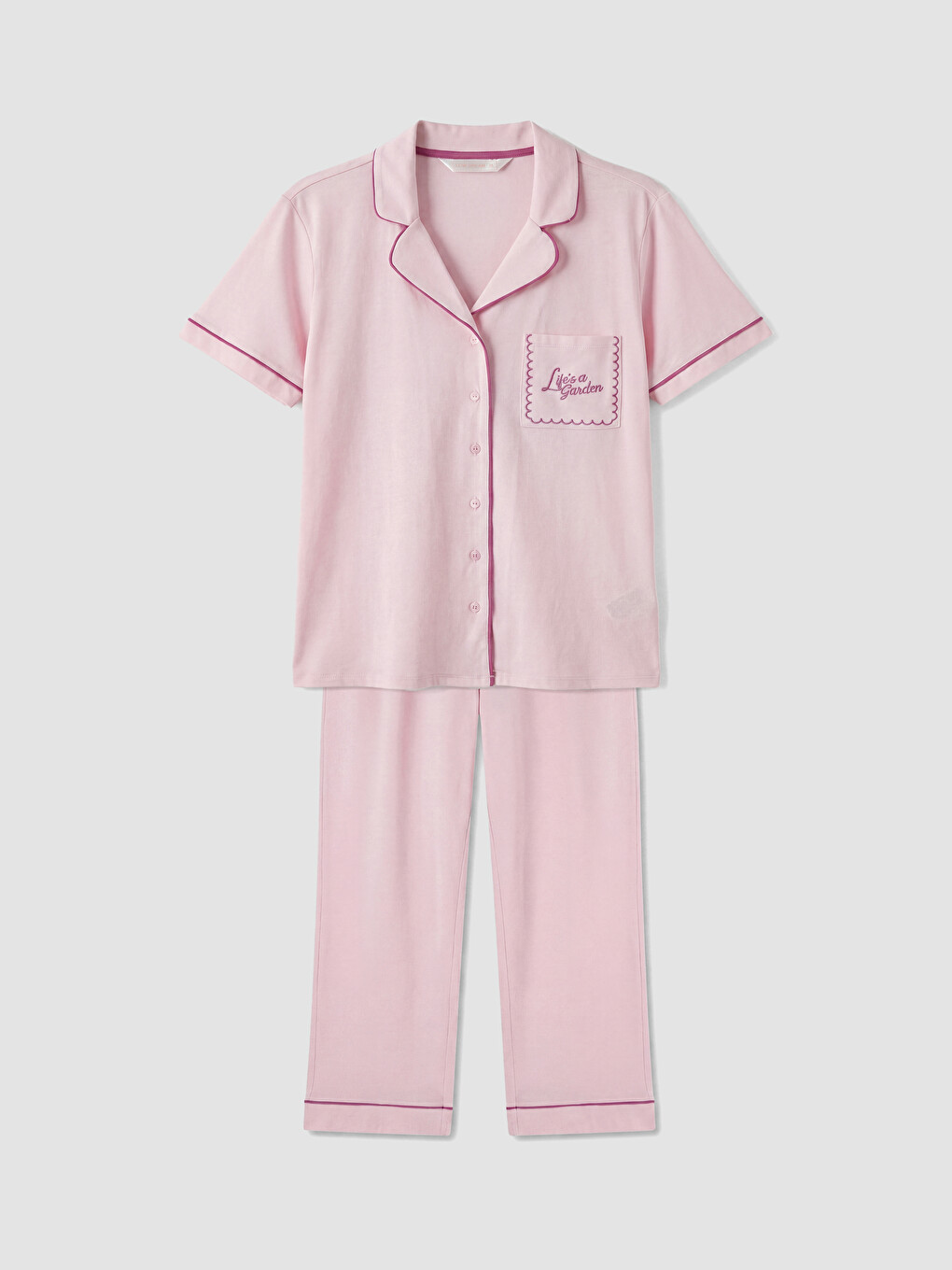 Pembe Gömlek Yaka %100 Pamuklu Kadın Pijama Takımı-4