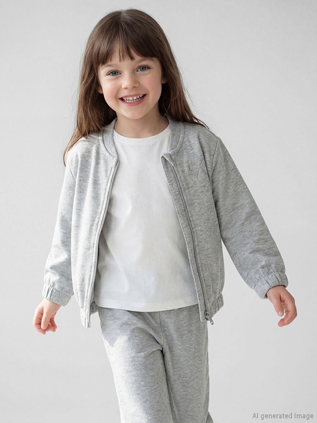 Gri Kolej Yaka Nakışlı Kız Çocuk Fermuarlı Sweatshirt