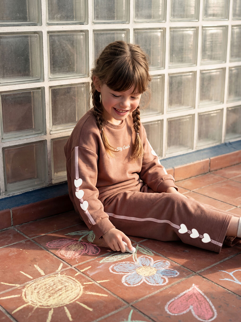 Kalp ve Yazı Baskılı Kız Çocuk Soft Touch Sweatshirt