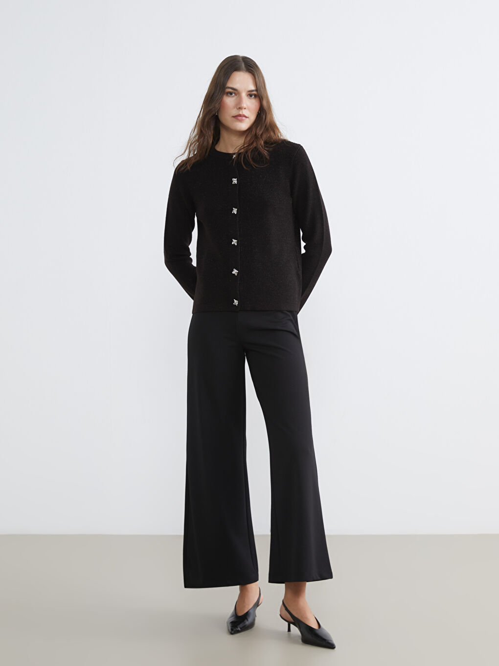 Siyah Beli Lastikli Geniş Paça Kadın Pantolon