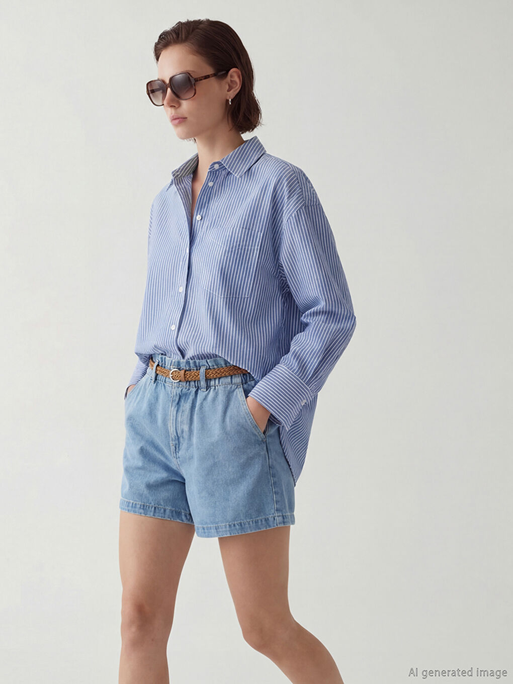 Mavi Çizgili Oversize Oxford Kadın Gömlek	-1