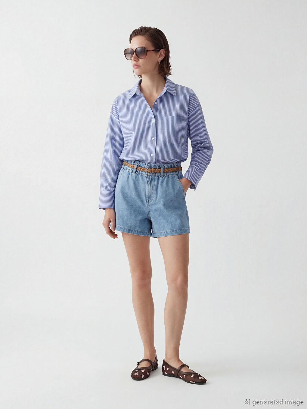 Mavi Çizgili Oversize Oxford Kadın Gömlek	-2