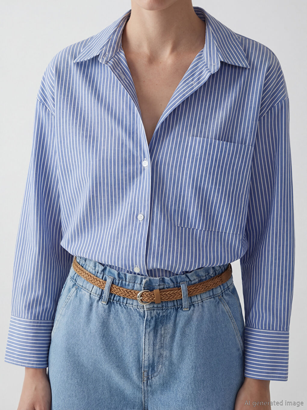 Mavi Çizgili Oversize Oxford Kadın Gömlek	-3