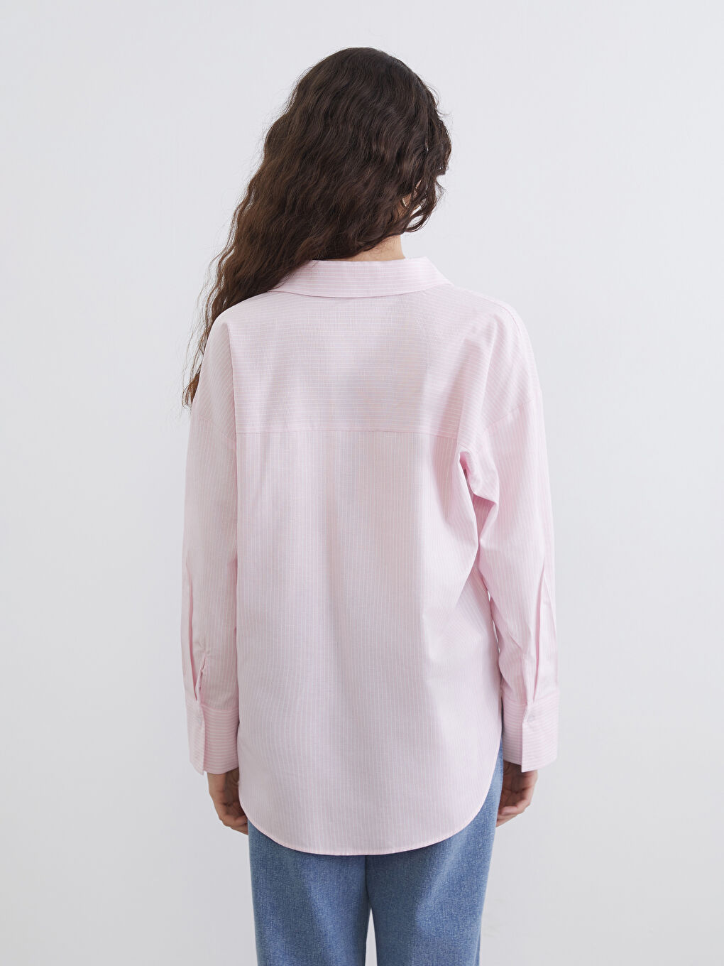 Pembe Çizgili Oversize Oxford Kadın Gömlek-3