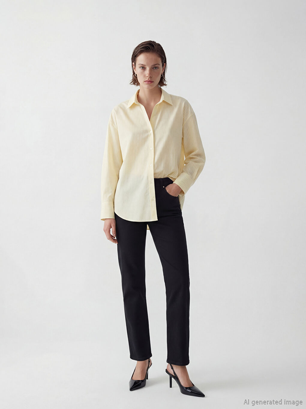 Sarı Çizgili Oversize Oxford Kadın Gömlek-1