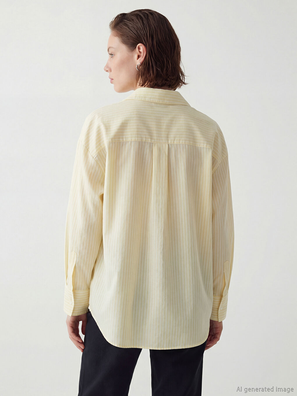 Sarı Çizgili Oversize Oxford Kadın Gömlek-3