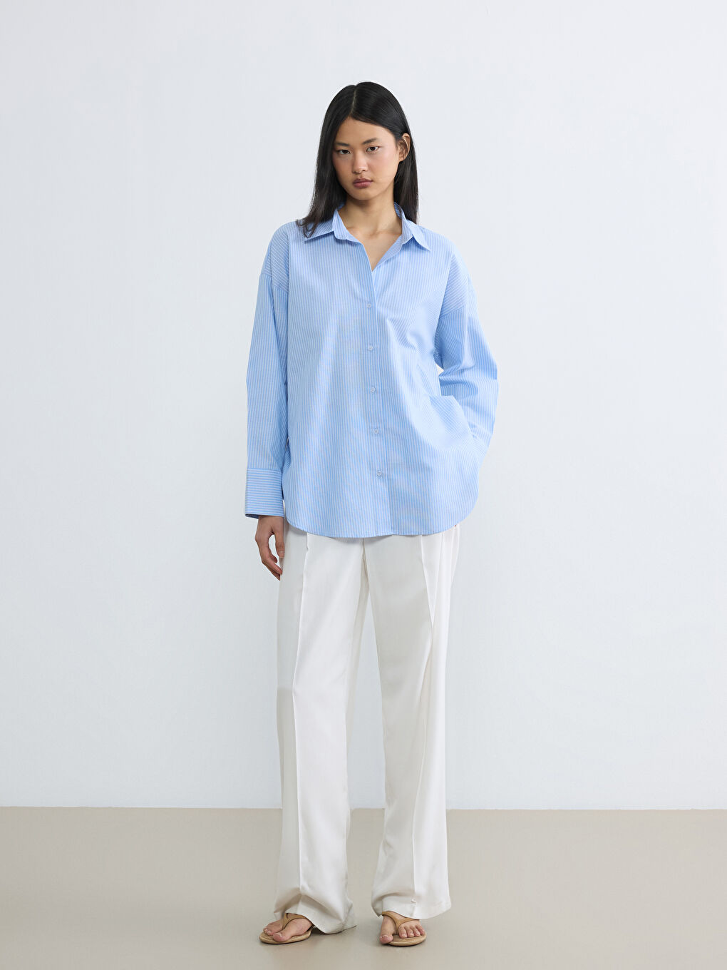 Mavi Çizgili Oversize Oxford Kadın Gömlek	-1