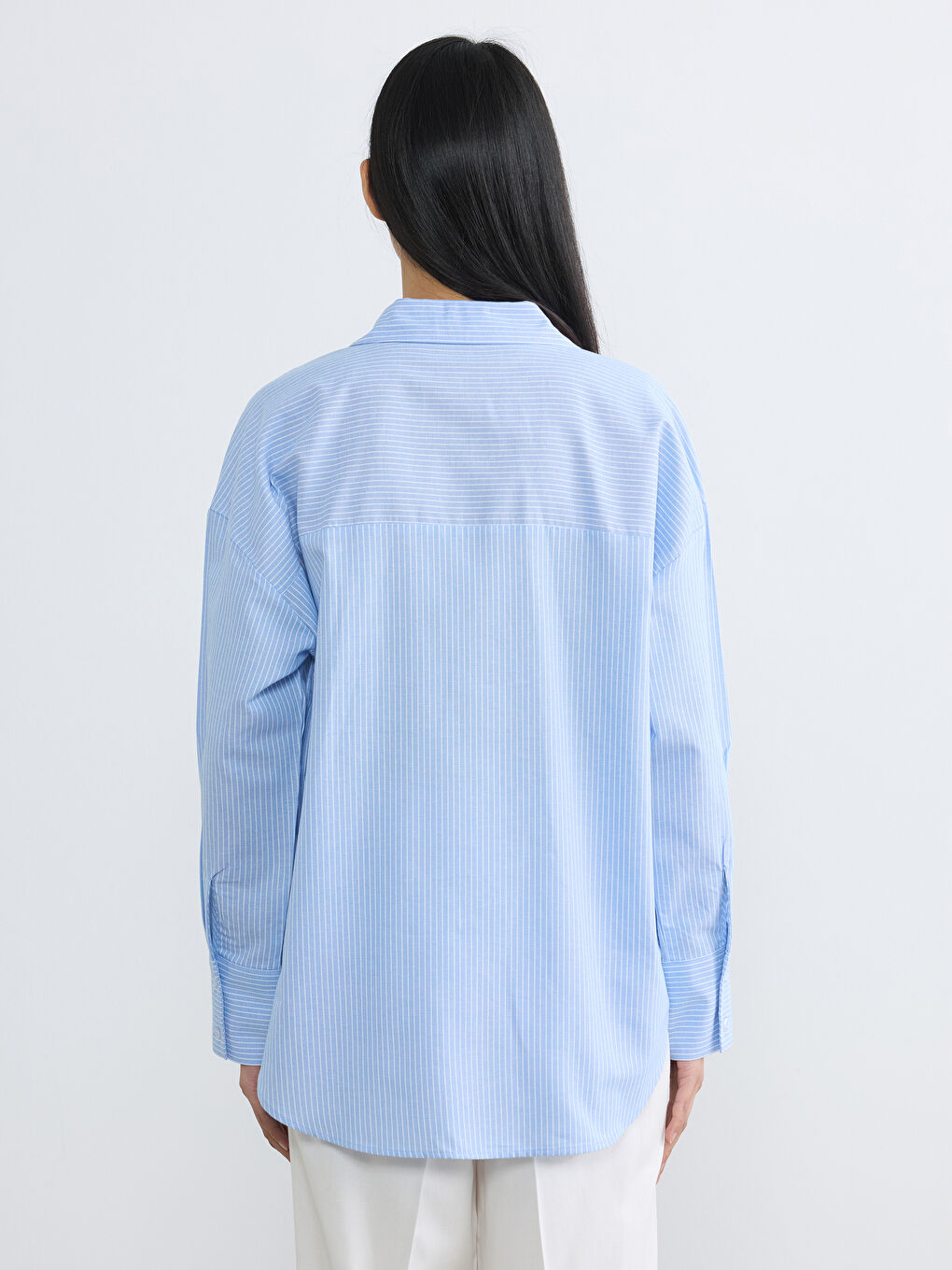 Mavi Çizgili Oversize Oxford Kadın Gömlek	-3