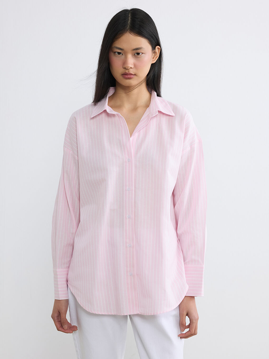 Pembe Çizgili Oversize Oxford Kadın Gömlek	