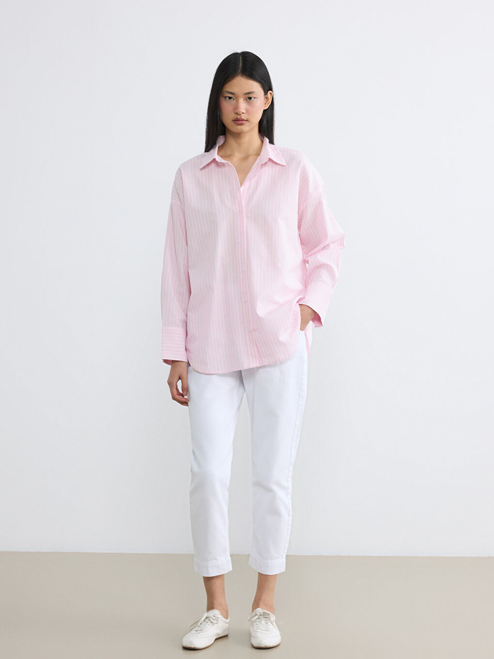 Pembe Çizgili Oversize Oxford Kadın Gömlek	-1