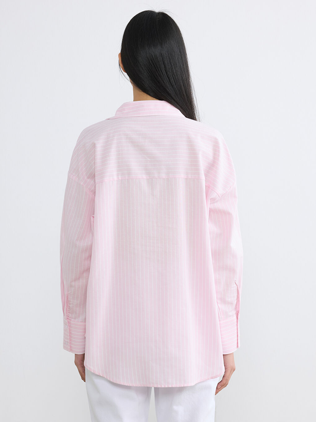 Pembe Çizgili Oversize Oxford Kadın Gömlek	-3