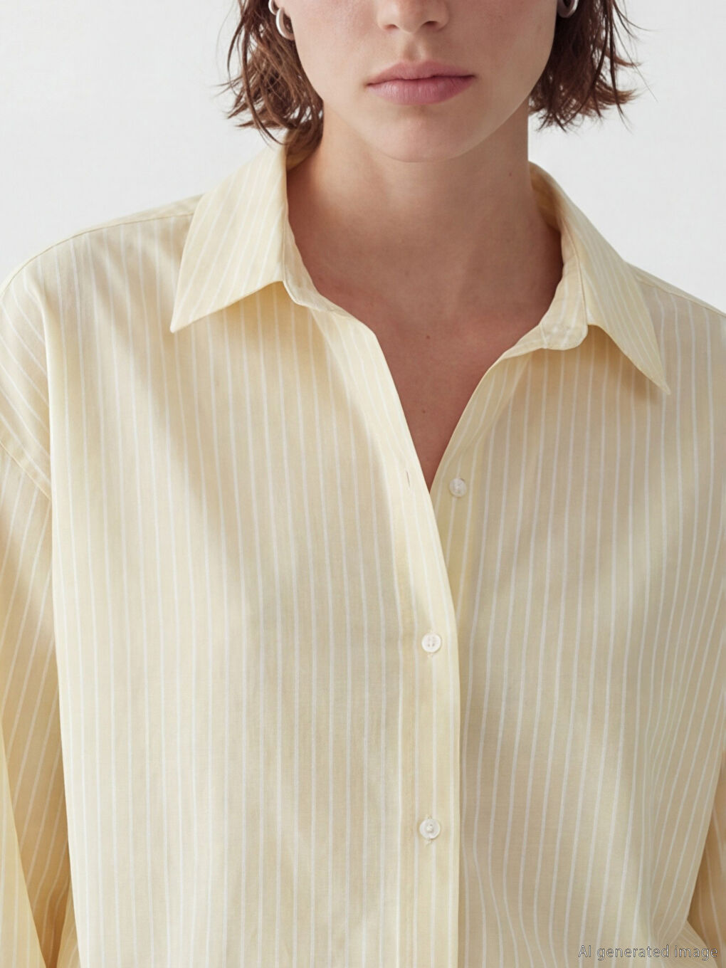 Sarı Çizgili Oversize Oxford Kadın Gömlek	-2