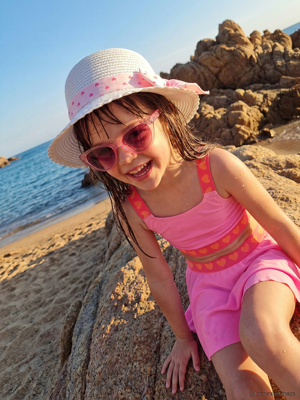 Pembe Kalp Desenli Kız Çocuk Etekli Bikini-1