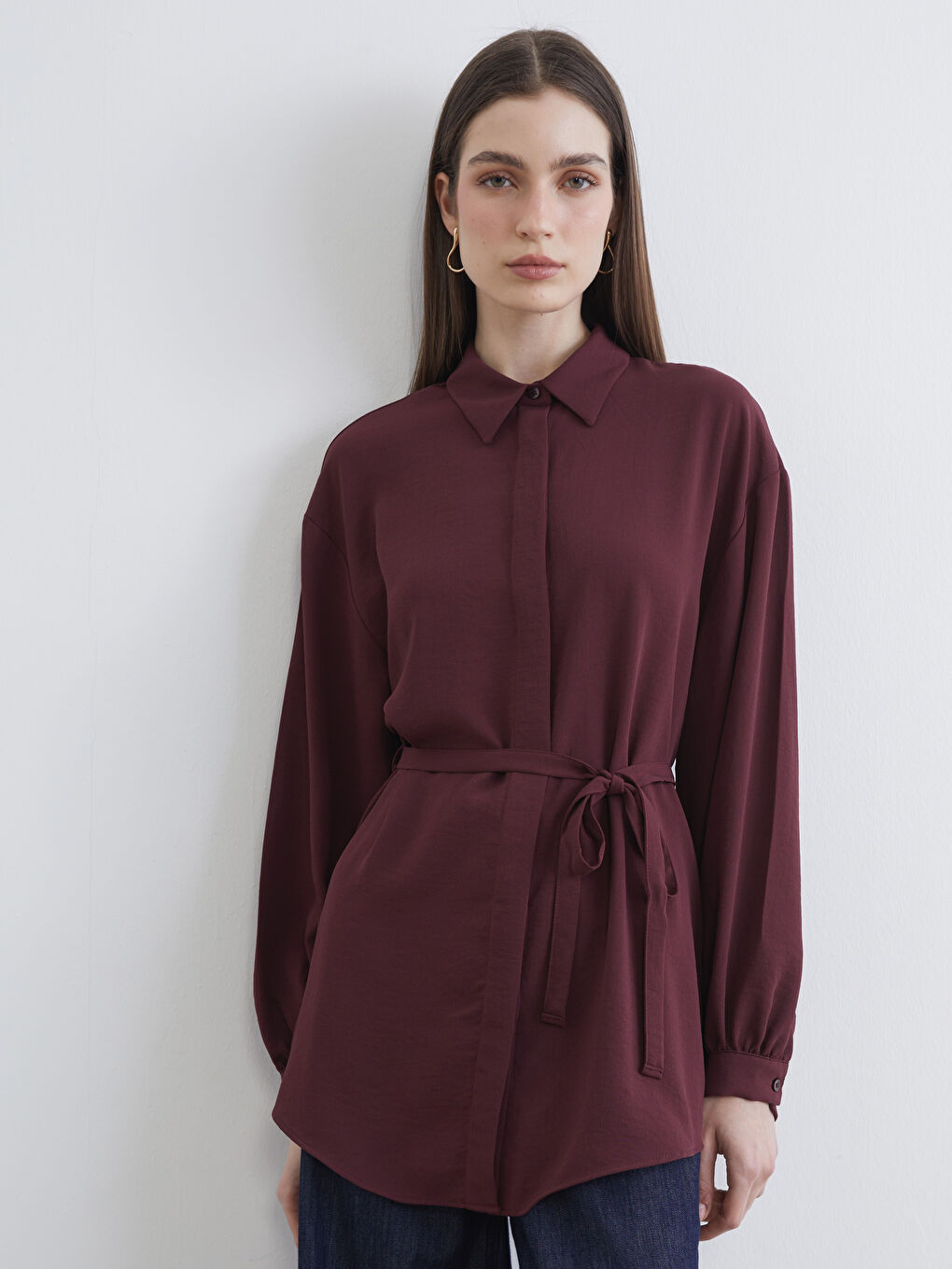 Bordo Beli Kuşaklı Oversize Kadın Gömlek Tunik