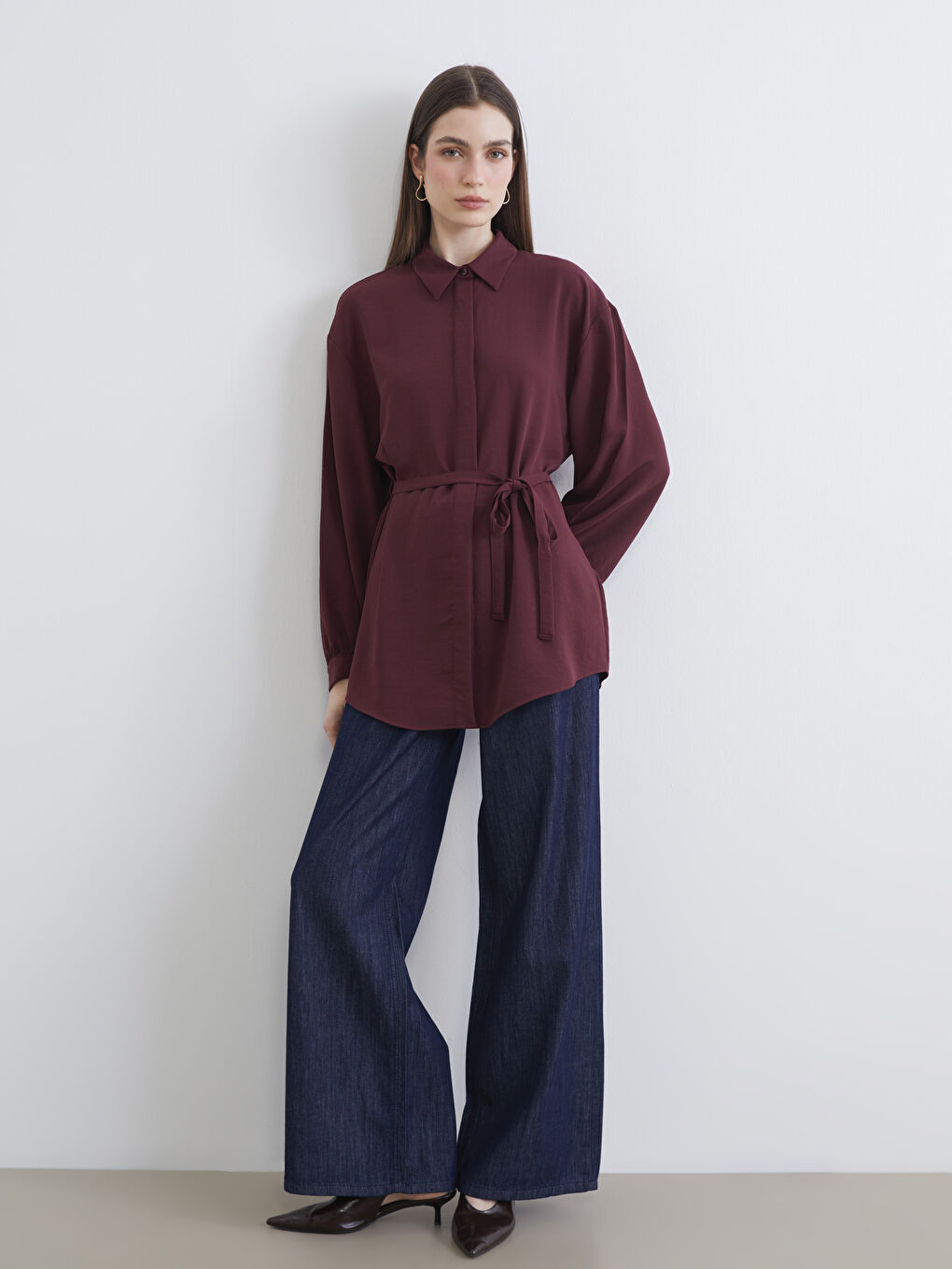 Bordo Beli Kuşaklı Oversize Kadın Gömlek Tunik-1