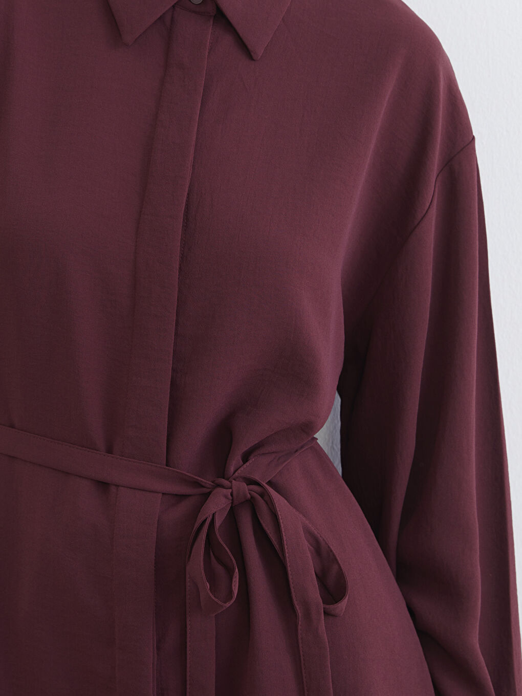 Bordo Beli Kuşaklı Oversize Kadın Gömlek Tunik-2