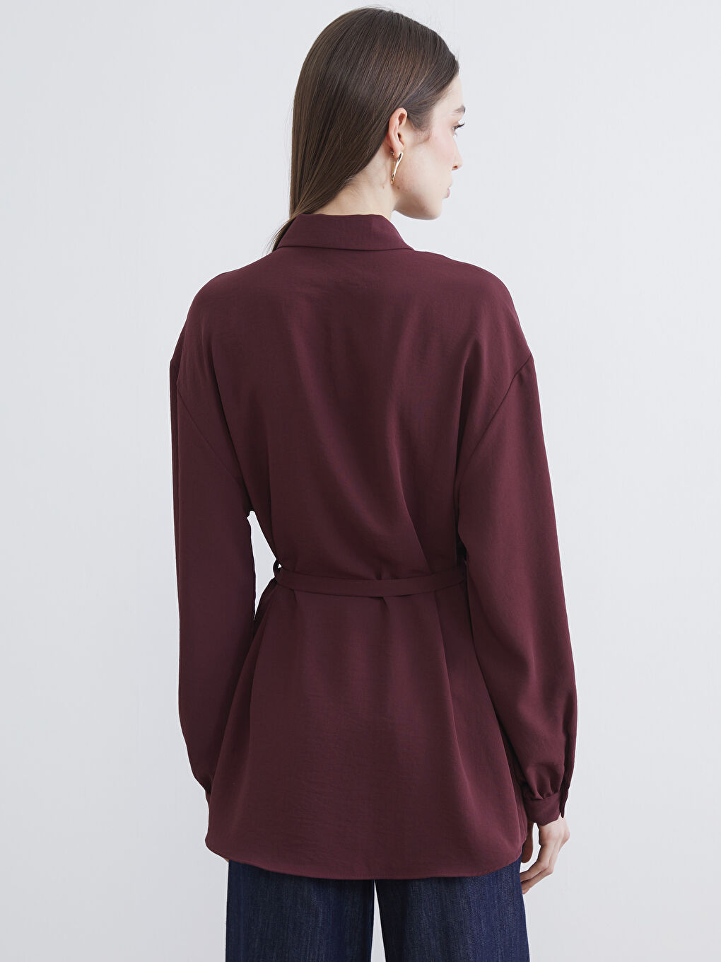 Bordo Beli Kuşaklı Oversize Kadın Gömlek Tunik-3