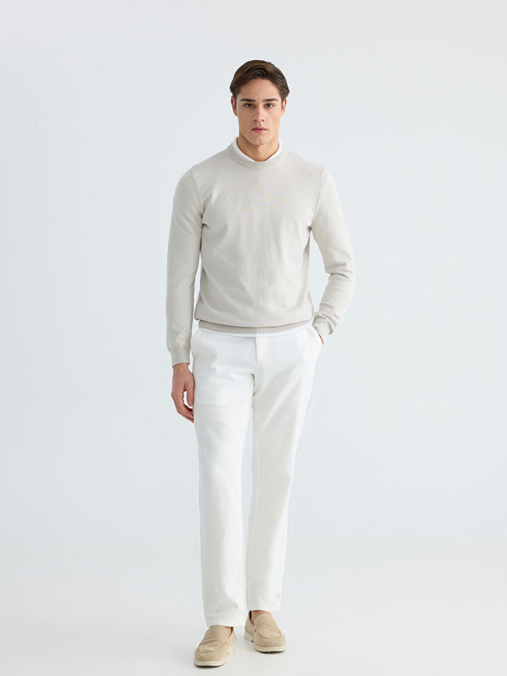 Bej Bisiklet Yaka Erkek Triko Kazak-2