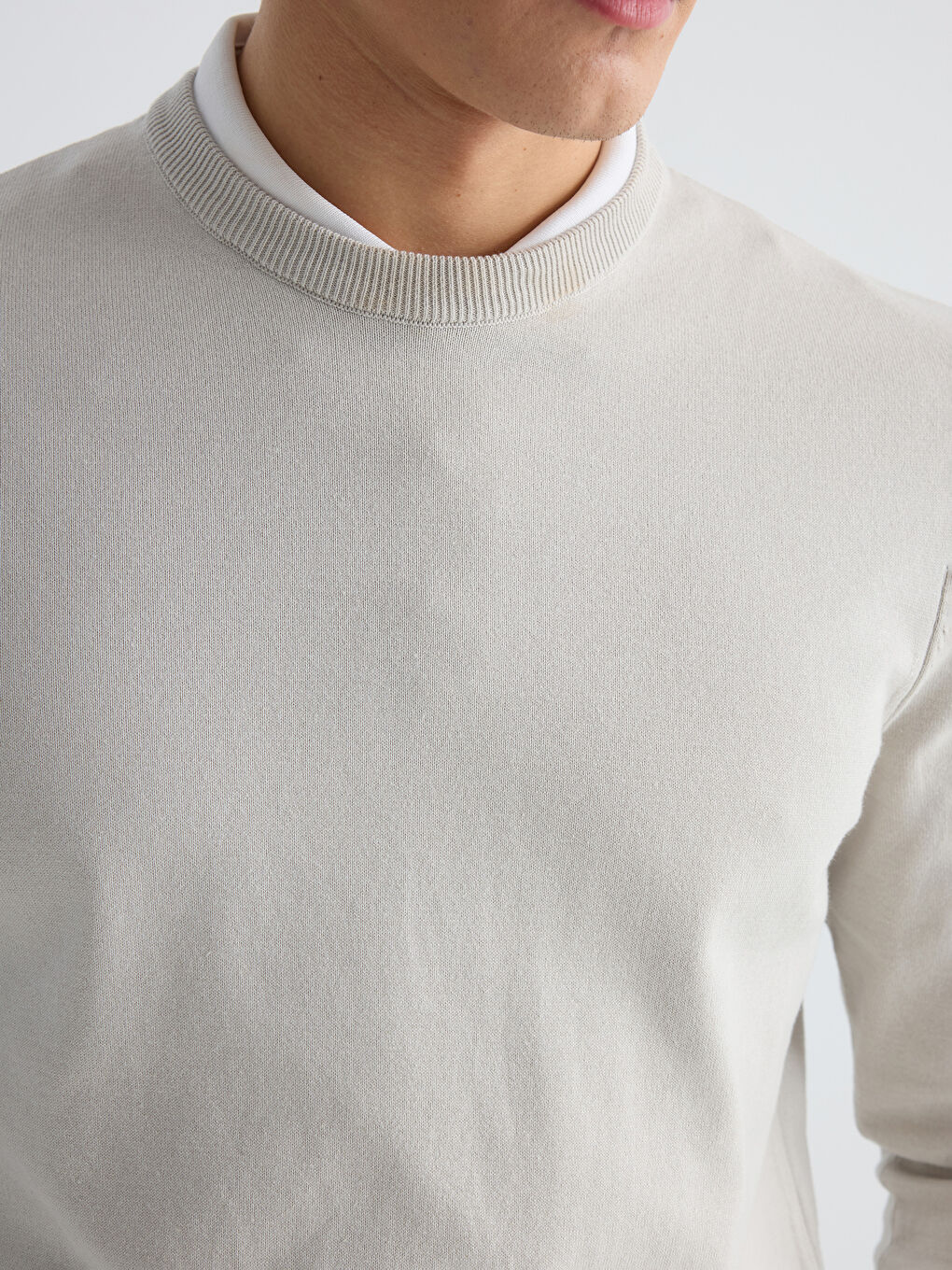 Bej Bisiklet Yaka Erkek Triko Kazak-3