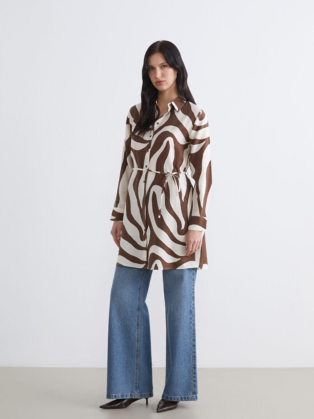 Kahverengi Desenli Kuşaklı Kadın Gömlek Tunik-1