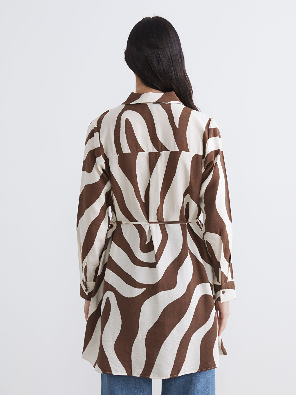Kahverengi Desenli Kuşaklı Kadın Gömlek Tunik-3
