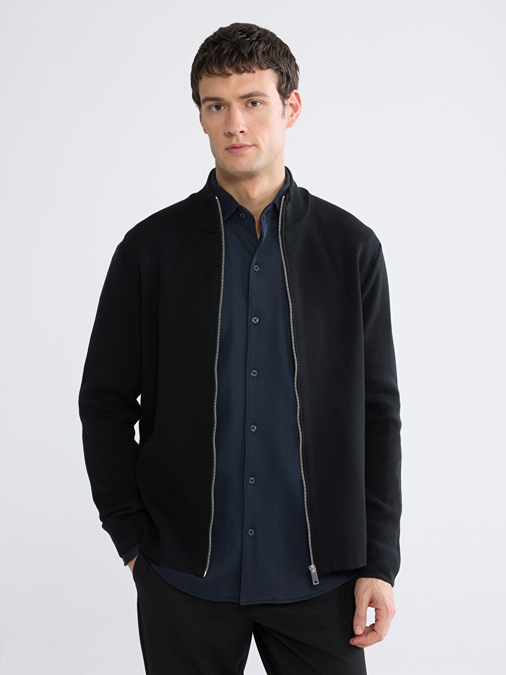 Siyah Standart Kalıp Dik Yaka Erkek Triko Hırka