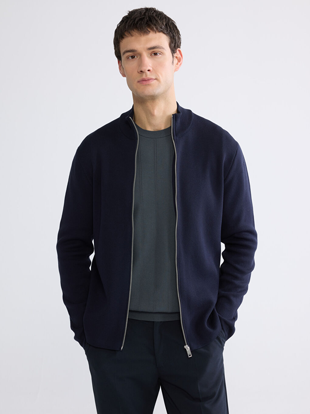 Lacivert Standart Kalıp Dik Yaka Erkek Triko Hırka