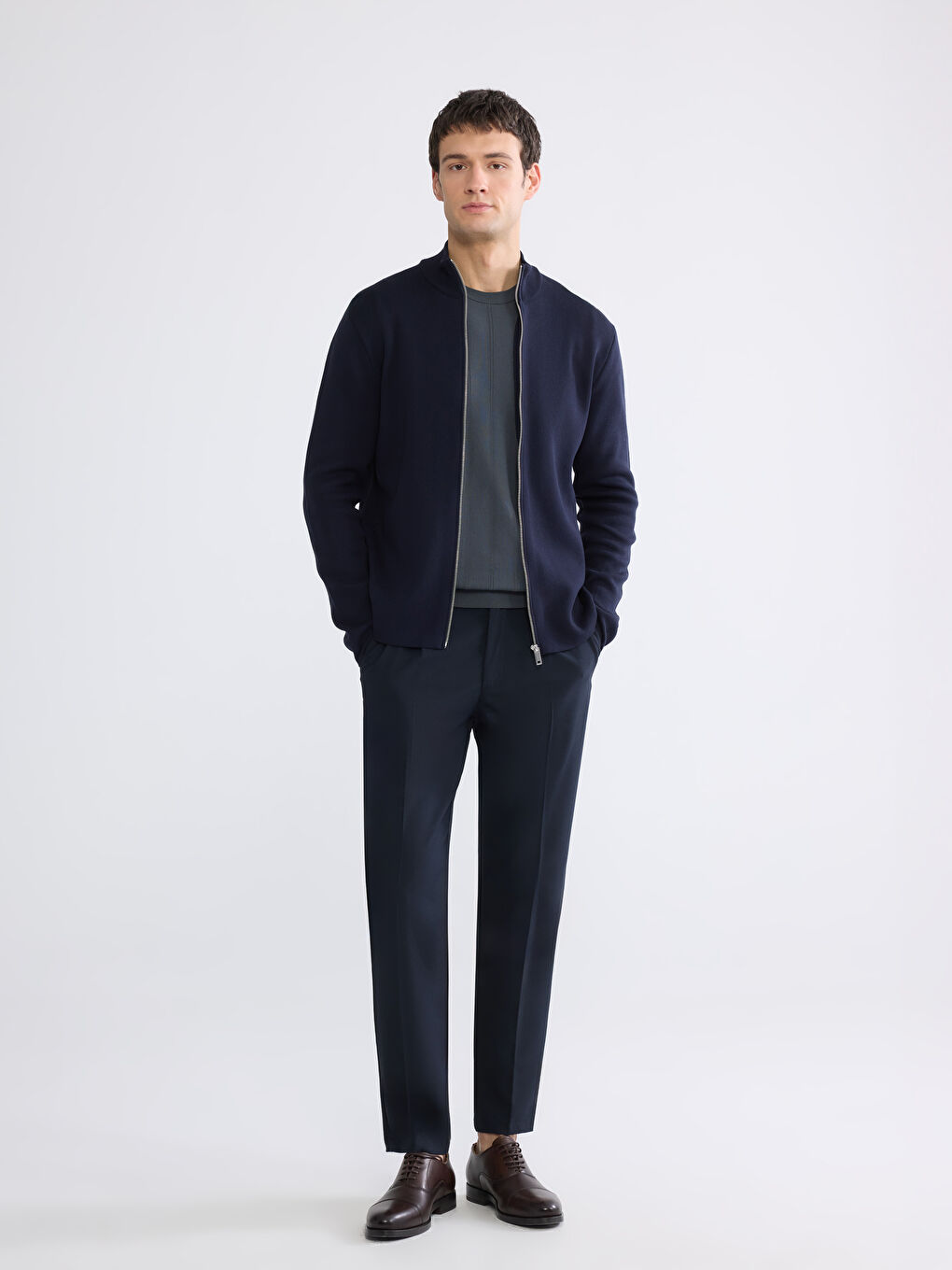 Lacivert Standart Kalıp Dik Yaka Erkek Triko Hırka-1