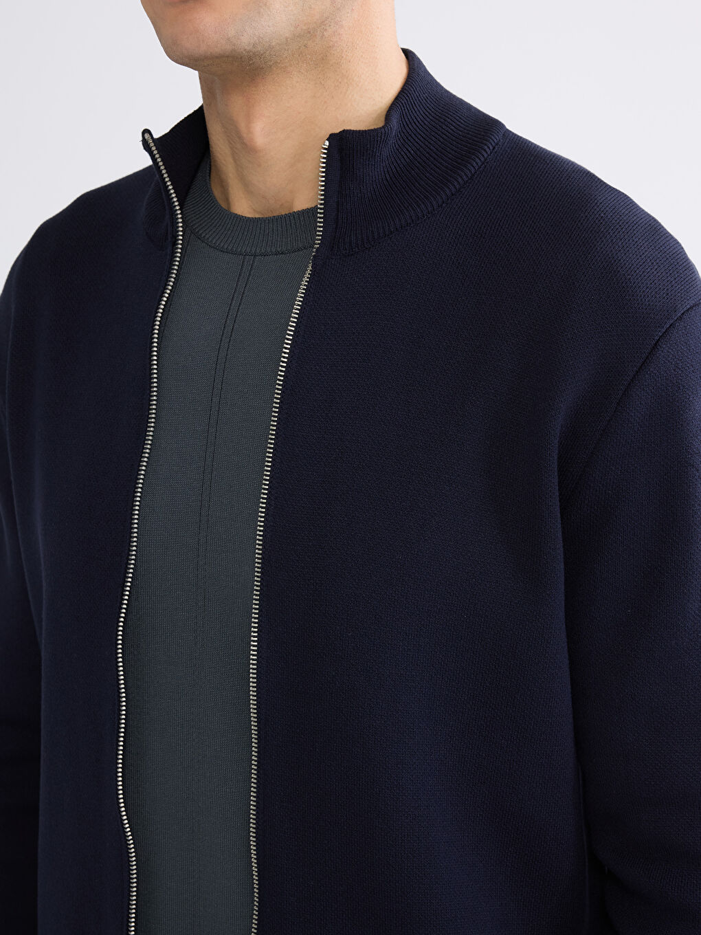 Lacivert Standart Kalıp Dik Yaka Erkek Triko Hırka-2