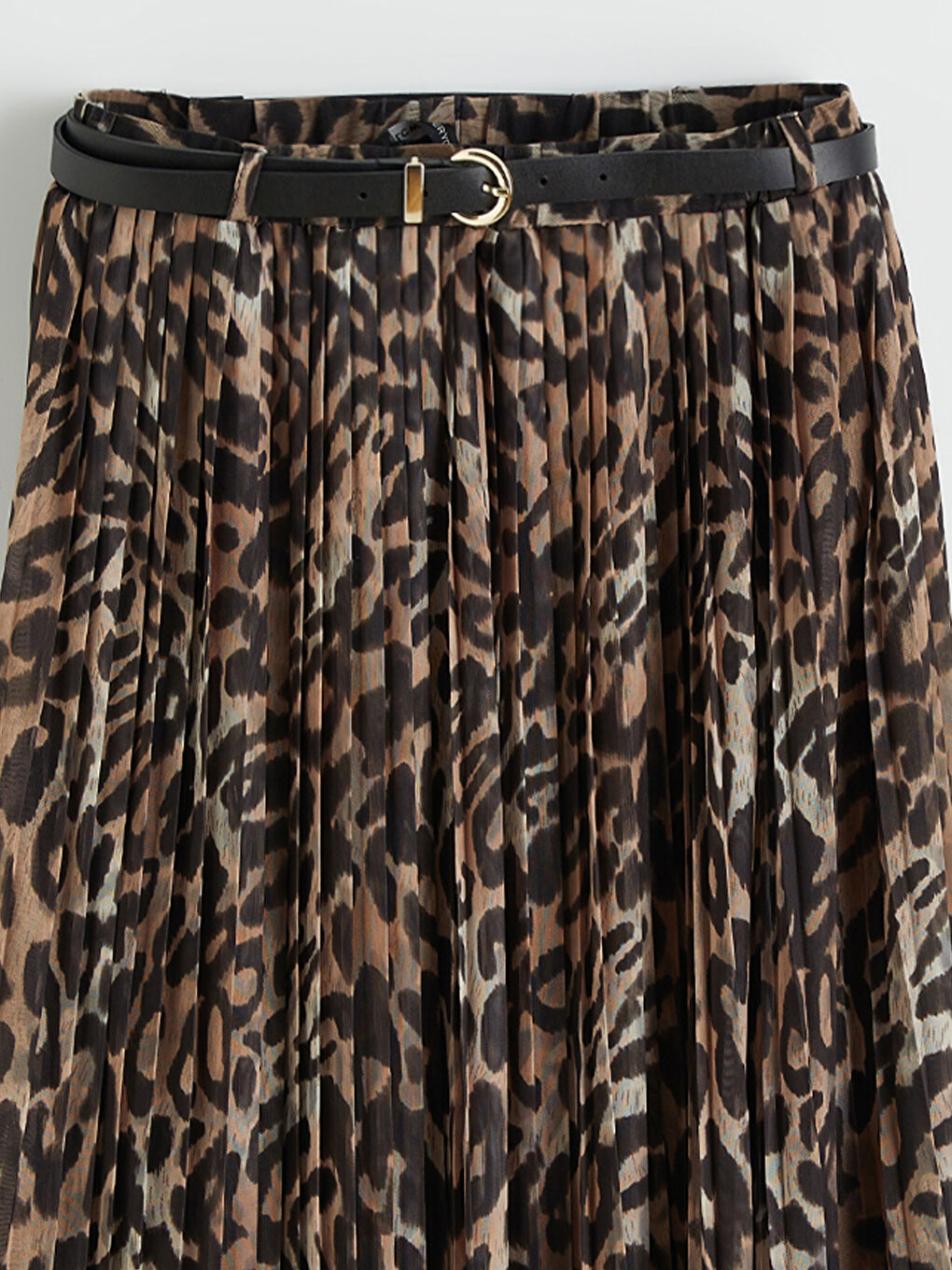 Kahverengi Beli Kemerli Desenli Şifon Pileli Etek-5