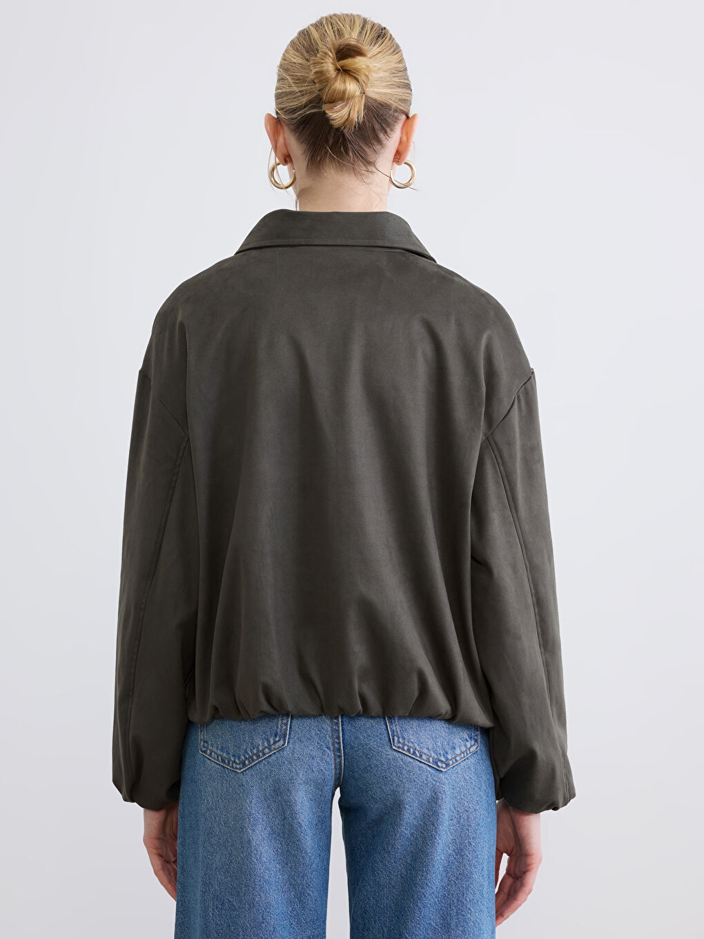 Haki Gömlek Yaka Süet Görünümlü Kadın Ceket-4