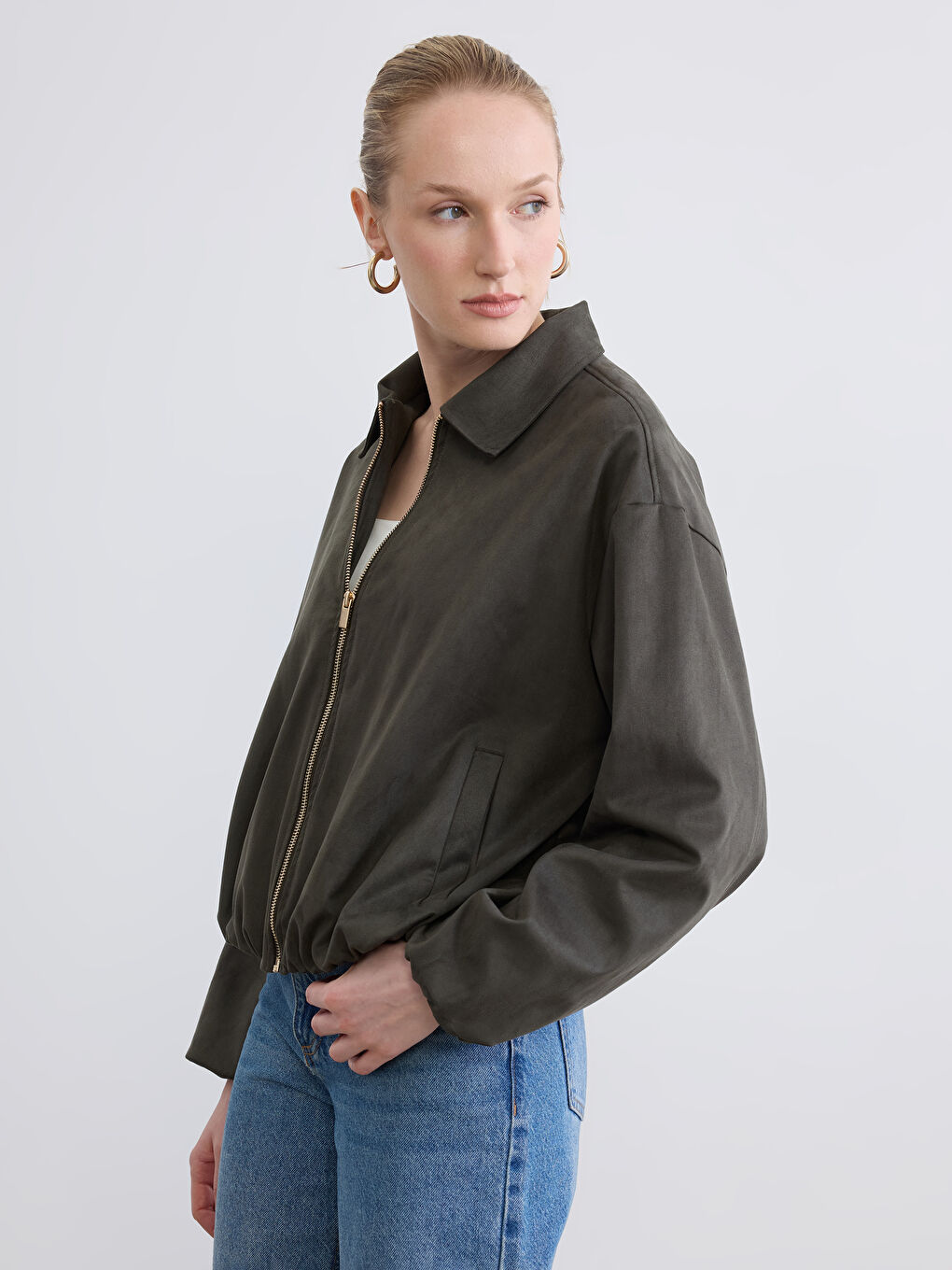 Haki Gömlek Yaka Süet Görünümlü Kadın Ceket