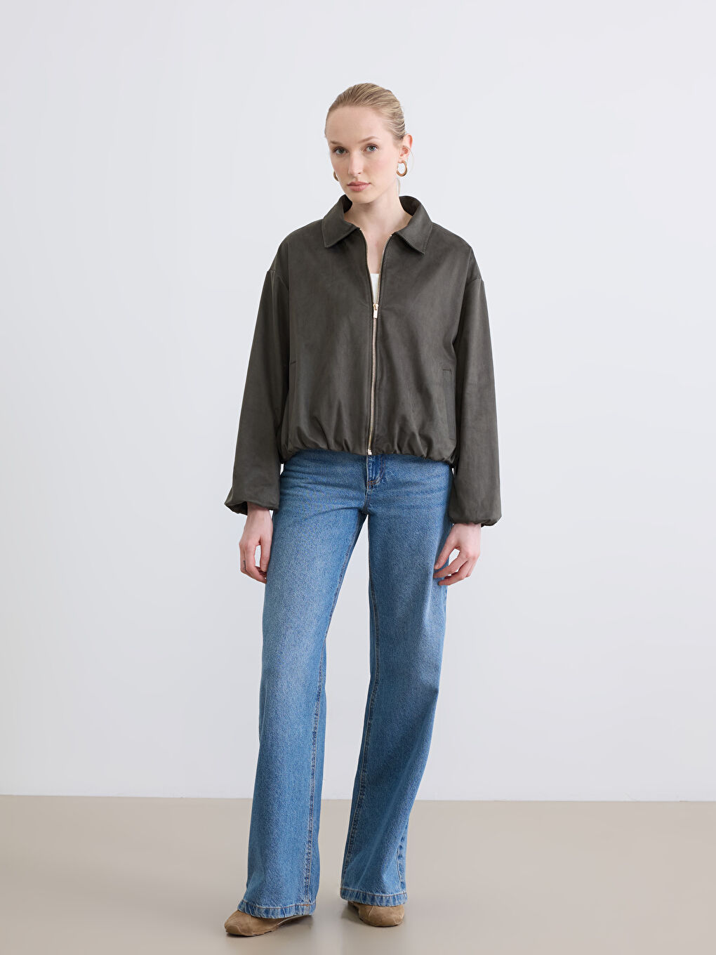 Haki Gömlek Yaka Süet Görünümlü Kadın Ceket-1