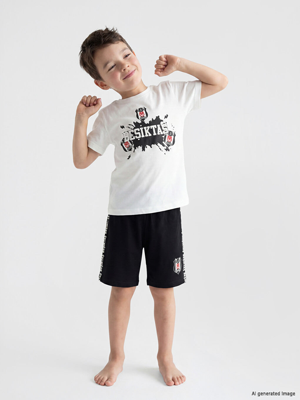 Beyaz Beşiktaş Baskılı Erkek Çocuk Şortlu Pijama Takımı