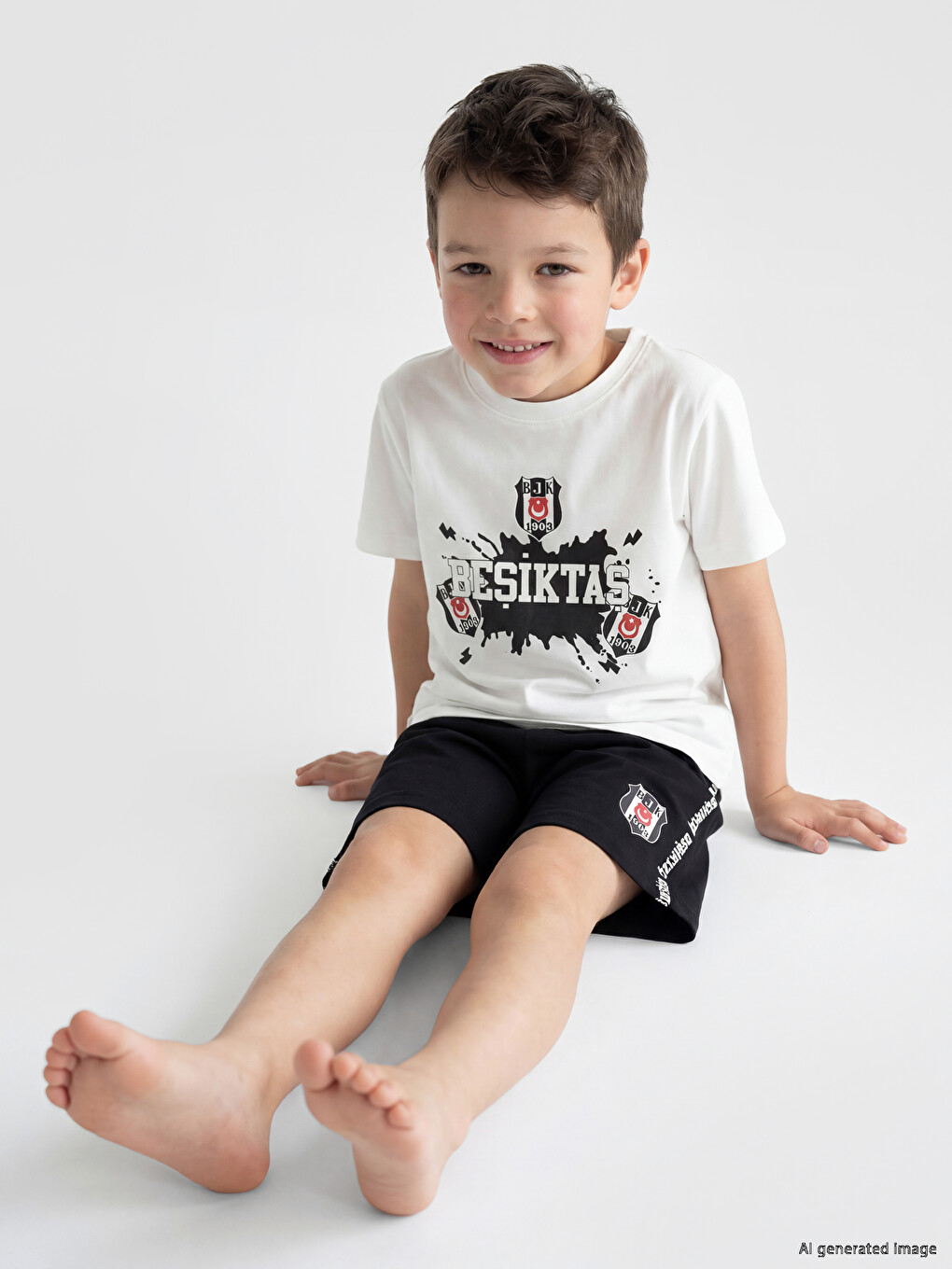Beyaz Beşiktaş Baskılı Erkek Çocuk Şortlu Pijama Takımı-1