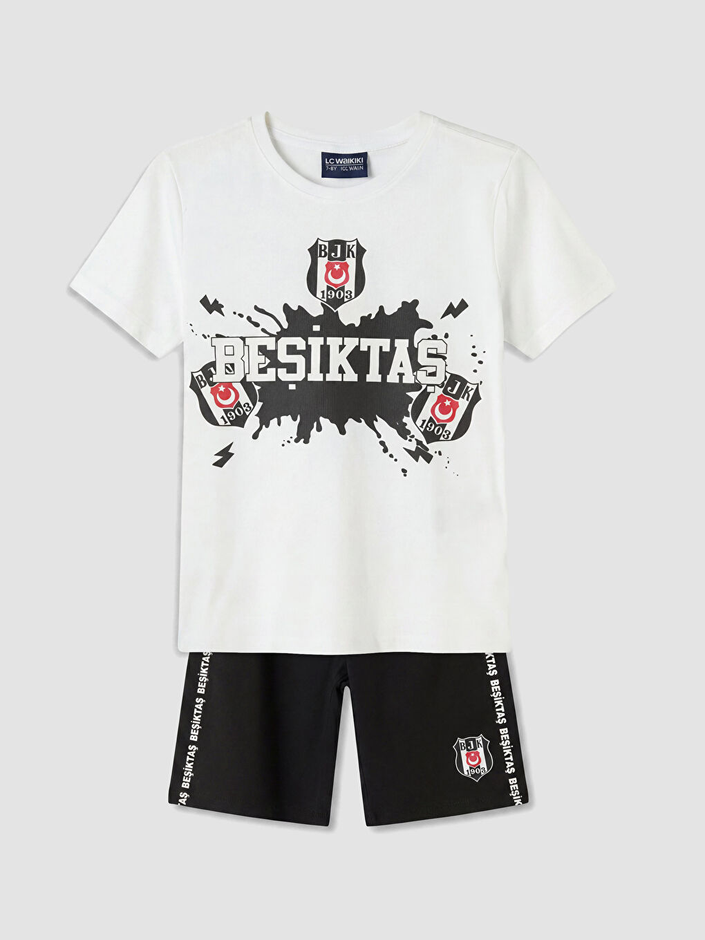 Beyaz Bisiklet Yaka Erkek Çocuk Beşiktaş Baskılı Pijama Takımı