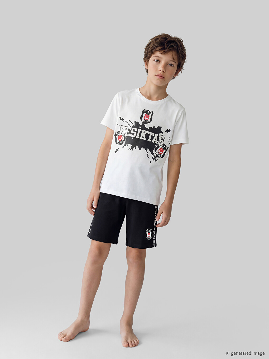Beyaz Bisiklet Yaka Erkek Çocuk Beşiktaş Baskılı Pijama Takımı-1