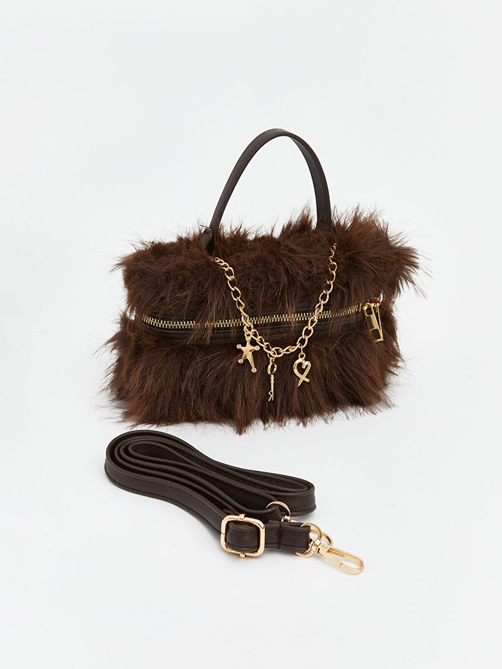 Kahverengi Zincir Askılı Kadın Pelüş El Çantası-1