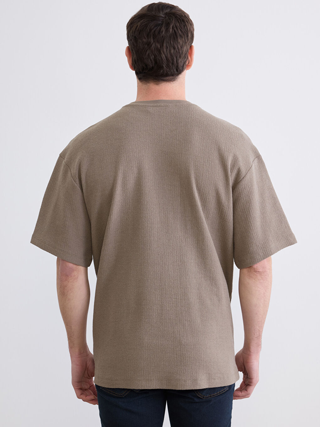 Kahverengi Oversize Bisiklet Yaka Erkek Tişört-3